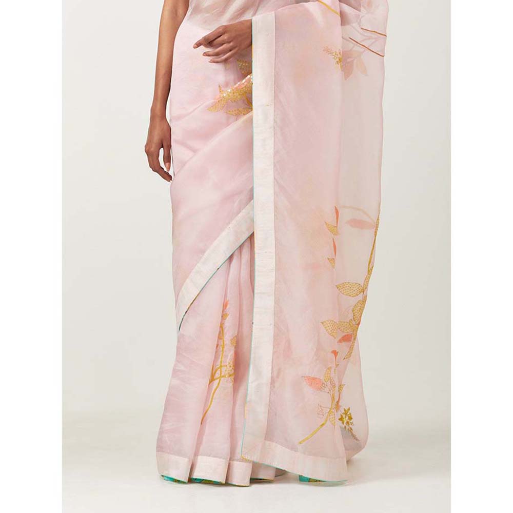 Label Earthen Pinky Embellished Saree with Printed Foil with Stitched Blouse