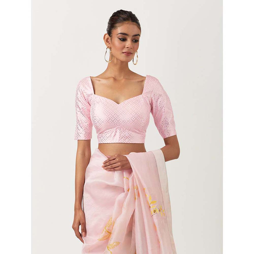 Label Earthen Pinky Embellished Saree with Printed Foil with Stitched Blouse