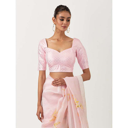 Label Earthen Pinky Embellished Saree with Printed Foil with Stitched Blouse