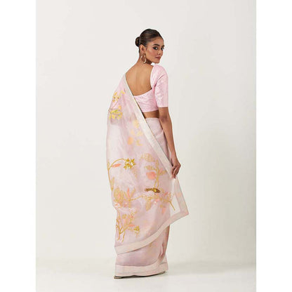 Label Earthen Pinky Embellished Saree with Printed Foil with Stitched Blouse