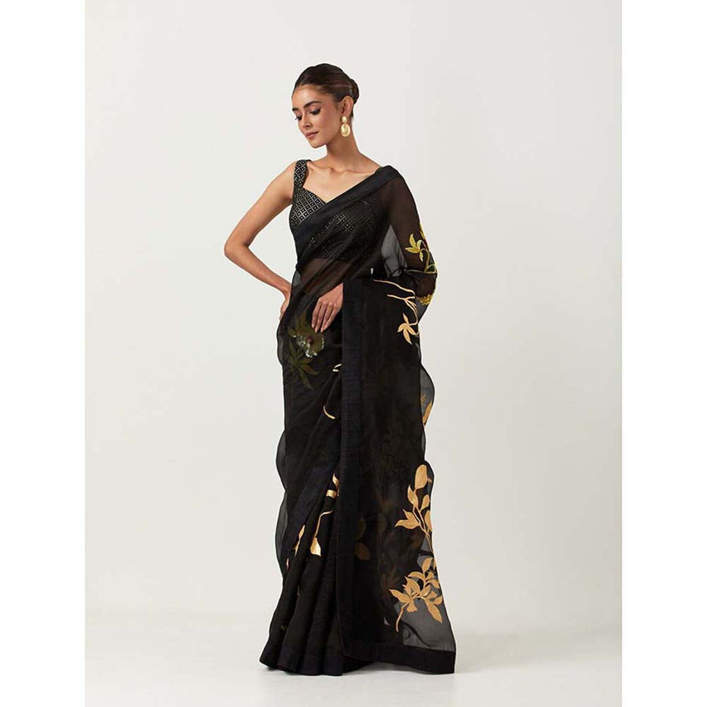 Label Earthen Black Jugnu Saree with Stitched Blouse