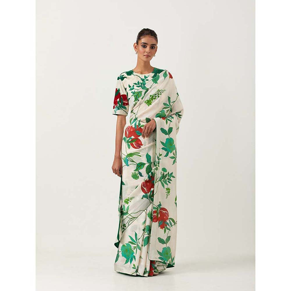 Label Earthen Ramri Ivory & Green Printed Saree with Embroidered with Stitched Blouse