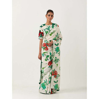 Label Earthen Ramri Ivory & Green Printed Saree with Embroidered with Stitched Blouse