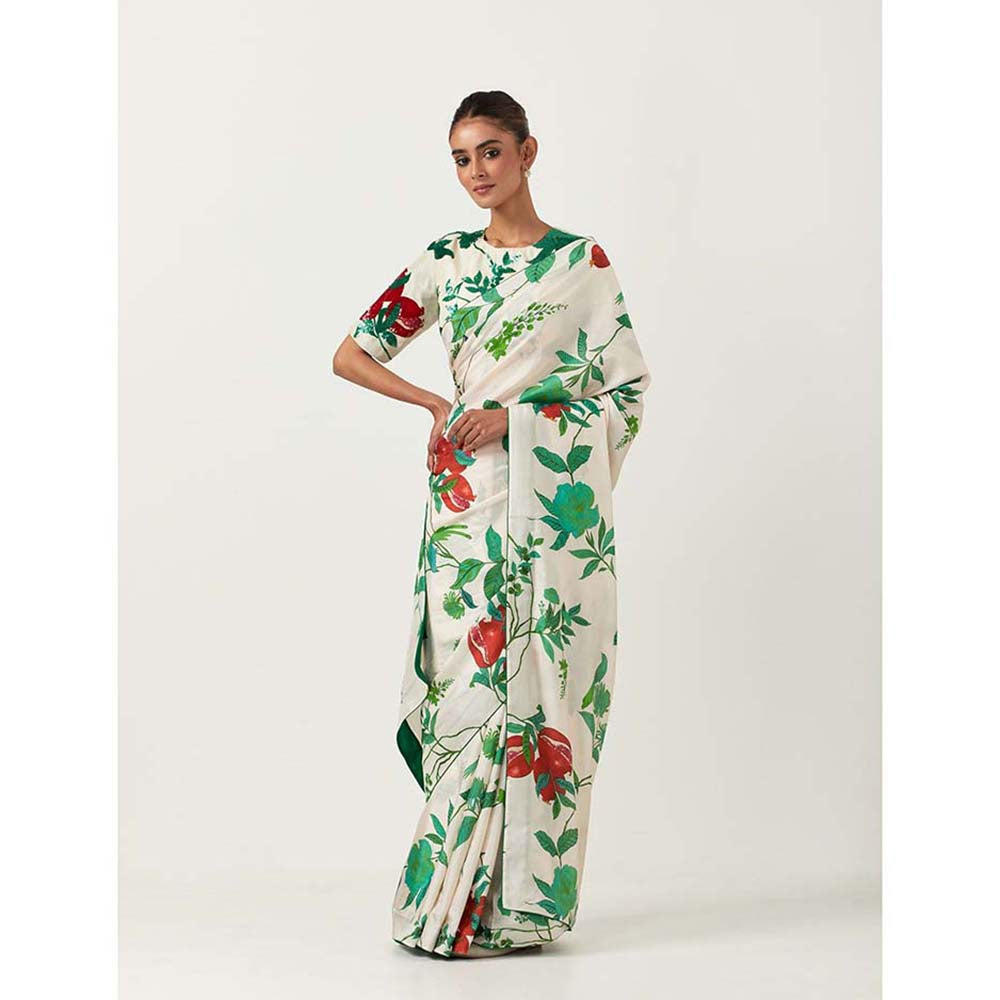 Label Earthen Ramri Ivory & Green Printed Saree with Embroidered with Stitched Blouse