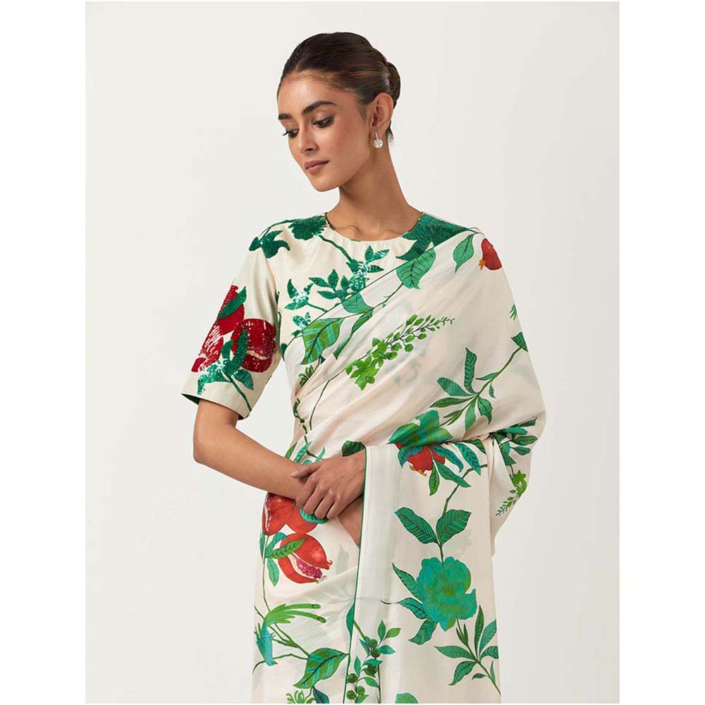 Label Earthen Ramri Ivory & Green Printed Saree with Embroidered with Stitched Blouse