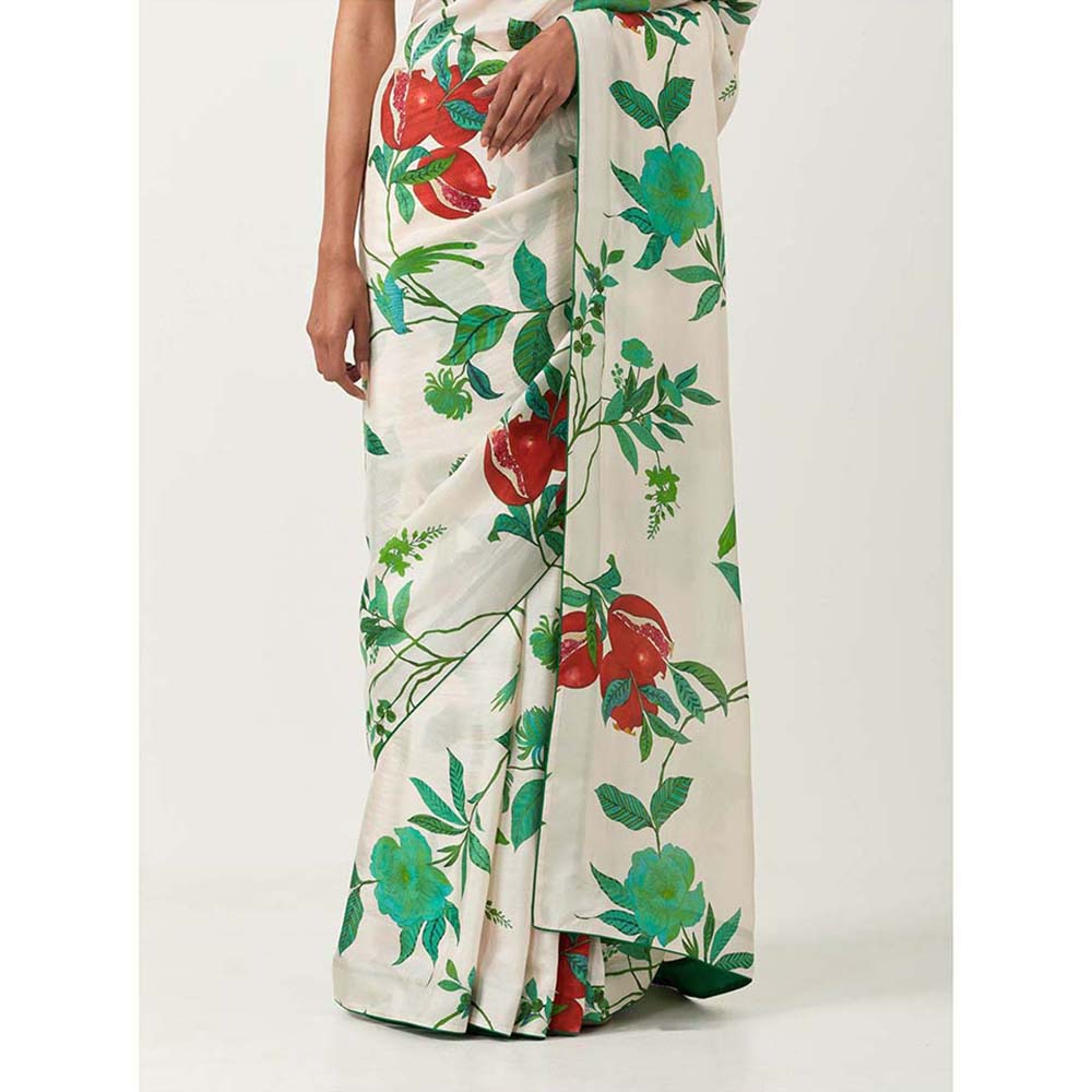 Label Earthen Ramri Ivory & Green Printed Saree with Embroidered with Stitched Blouse