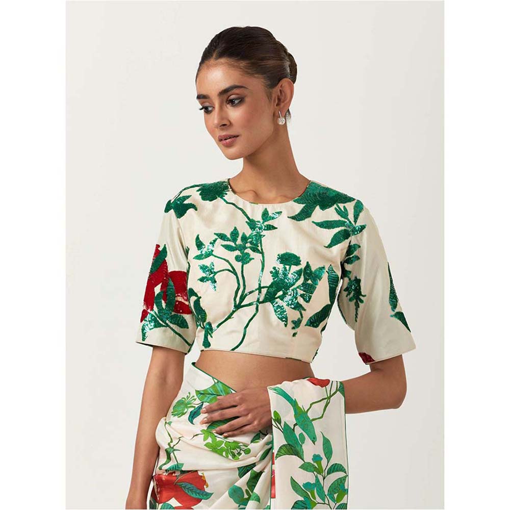 Label Earthen Ramri Ivory & Green Printed Saree with Embroidered with Stitched Blouse