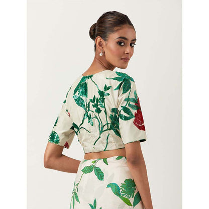 Label Earthen Ramri Ivory & Green Printed Saree with Embroidered with Stitched Blouse