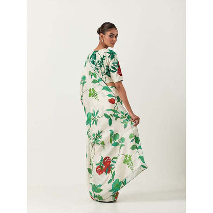 Label Earthen Ramri Ivory & Green Printed Saree with Embroidered with Stitched Blouse