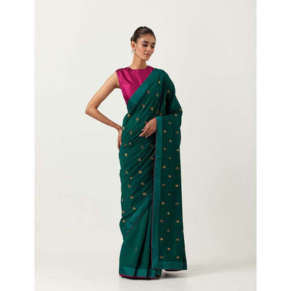 Label Earthen Hazzarbuti Bottle Green Chiniya Silk Embroidered Saree with Stitched Blouse