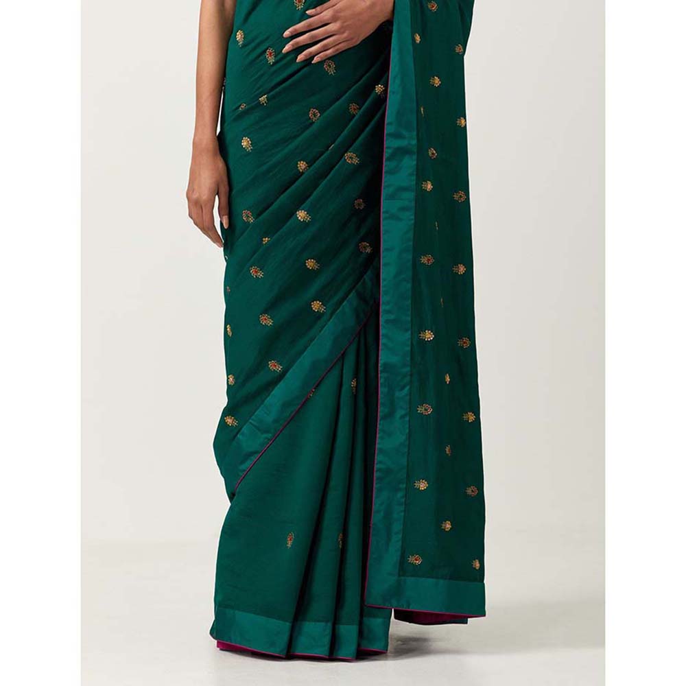 Label Earthen Hazzarbuti Bottle Green Chiniya Silk Embroidered Saree with Stitched Blouse