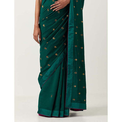 Label Earthen Hazzarbuti Bottle Green Chiniya Silk Embroidered Saree with Stitched Blouse