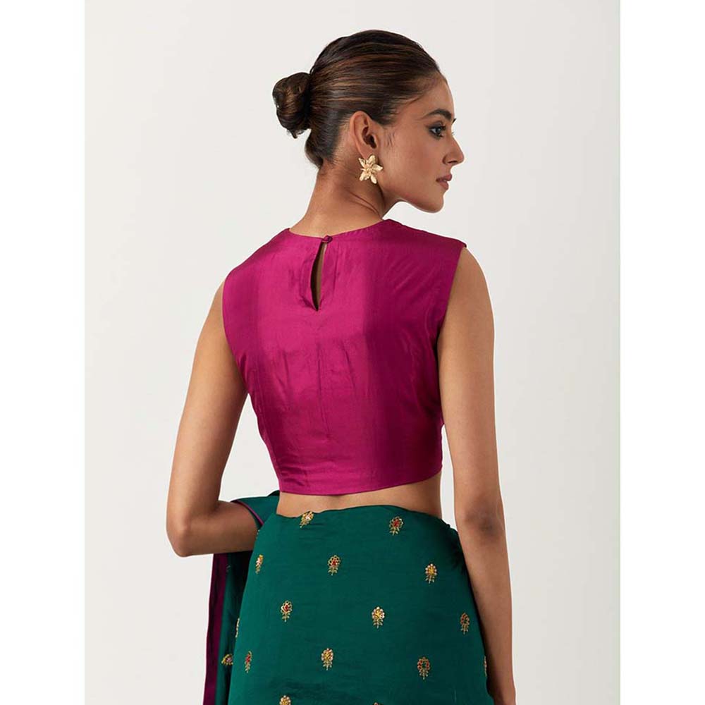 Label Earthen Hazzarbuti Bottle Green Chiniya Silk Embroidered Saree with Stitched Blouse