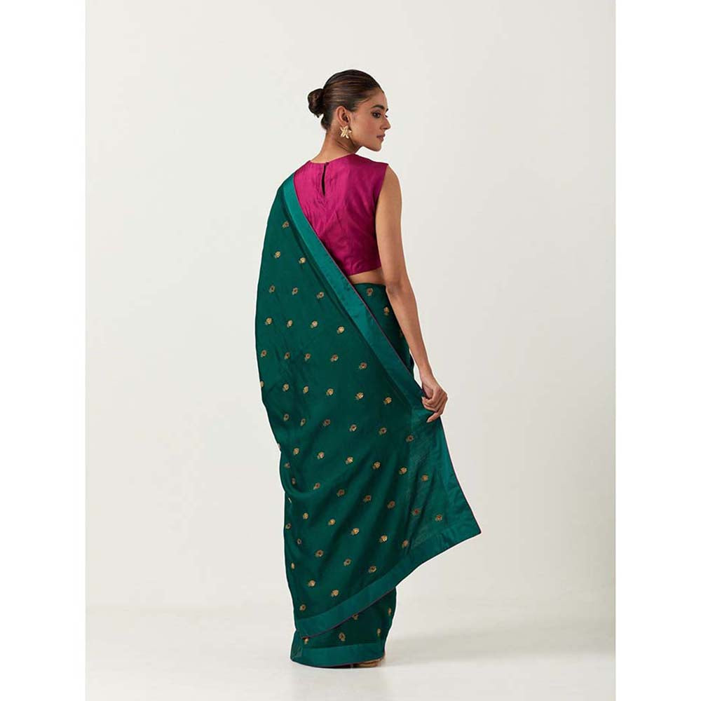 Label Earthen Hazzarbuti Bottle Green Chiniya Silk Embroidered Saree with Stitched Blouse