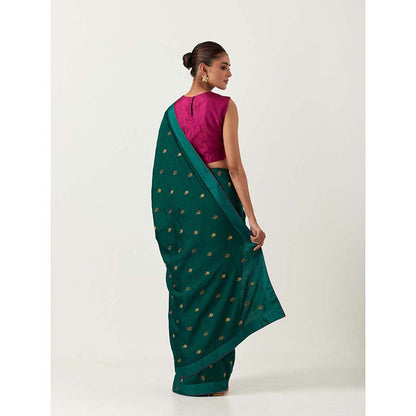 Label Earthen Hazzarbuti Bottle Green Chiniya Silk Embroidered Saree with Stitched Blouse