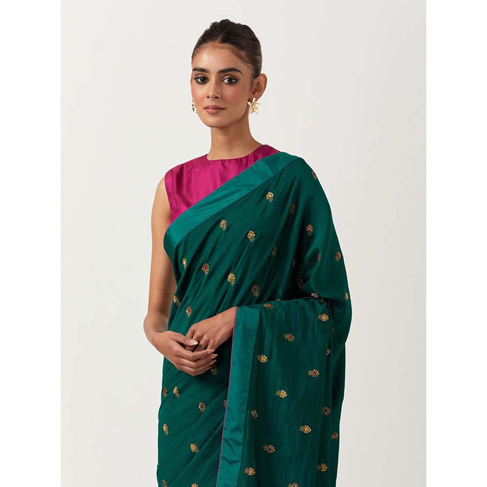 Label Earthen Hazzarbuti Bottle Green Chiniya Silk Embroidered Saree with Stitched Blouse