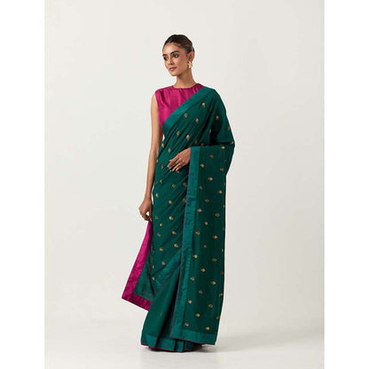 Label Earthen Hazzarbuti Bottle Green Chiniya Silk Embroidered Saree with Stitched Blouse