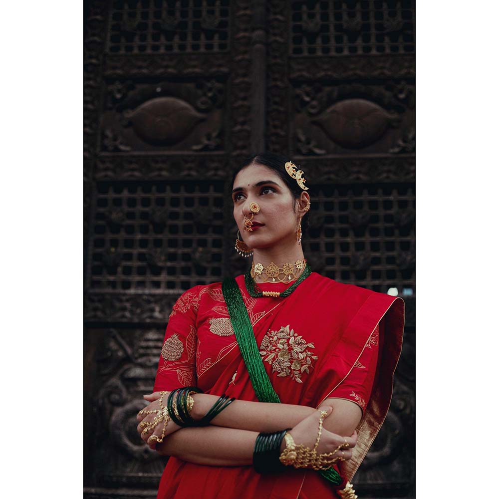 Label Earthen Sundari Red Colour Chinniya Silk Saree with Zardozi Work with Stitched Blouse