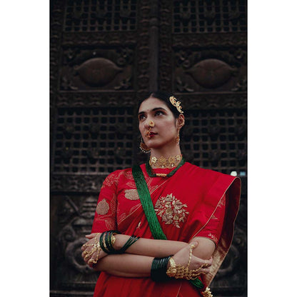 Label Earthen Sundari Red Colour Chinniya Silk Saree with Zardozi Work with Stitched Blouse