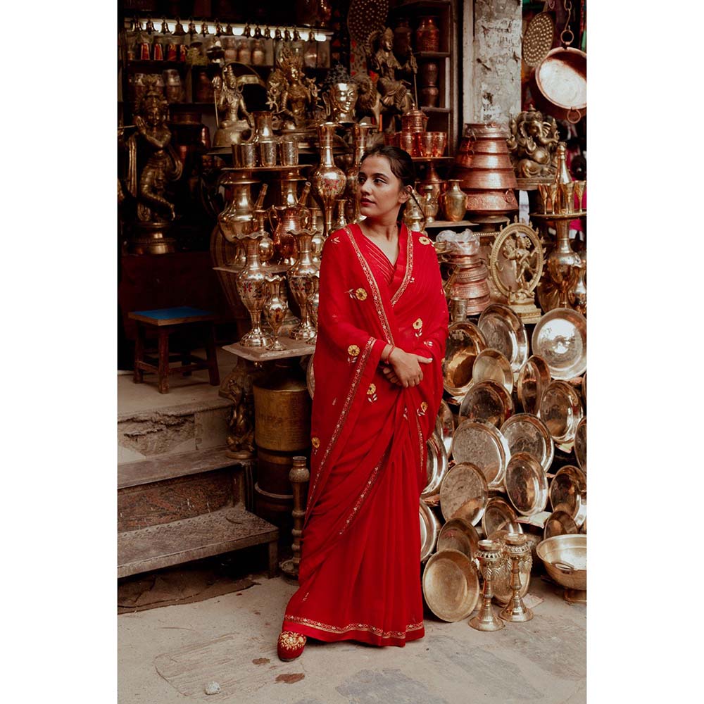 Label Earthen Laal Champa Kali Sequin Embroidered Saree with Stitched Blouse