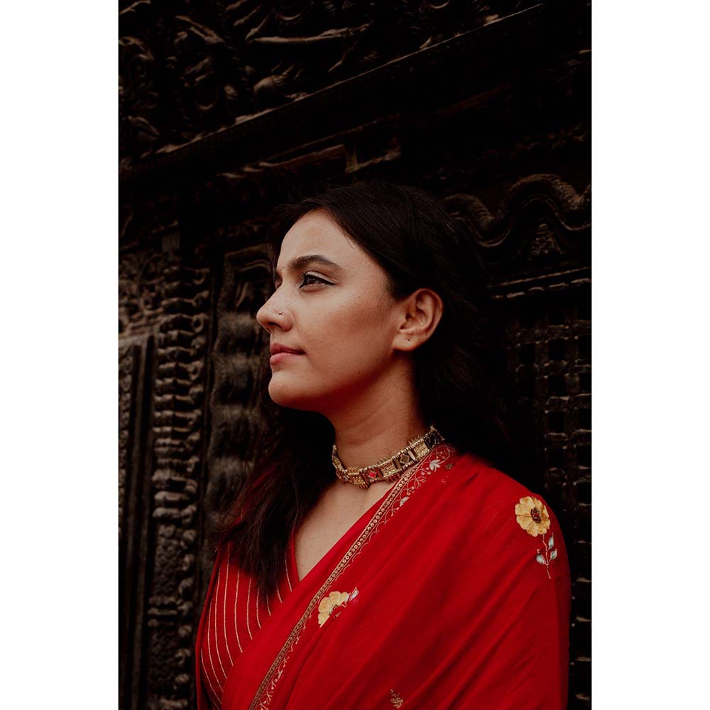 Label Earthen Laal Champa Kali Sequin Embroidered Saree with Stitched Blouse