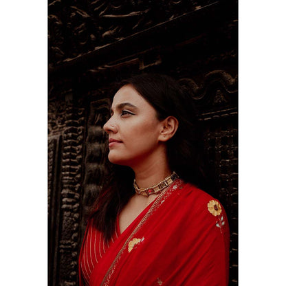 Label Earthen Laal Champa Kali Sequin Embroidered Saree with Stitched Blouse