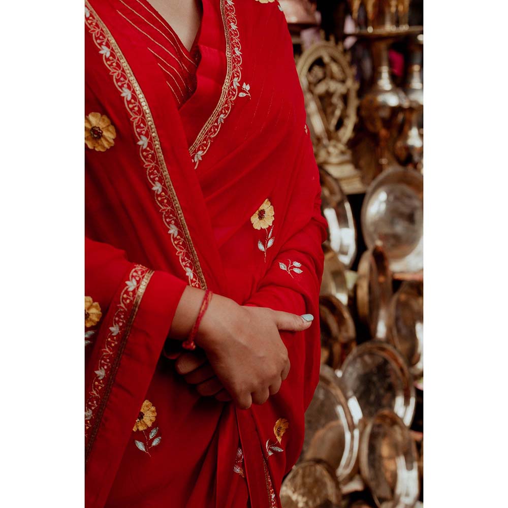 Label Earthen Laal Champa Kali Sequin Embroidered Saree with Stitched Blouse