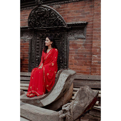 Label Earthen Laal Champa Kali Sequin Embroidered Saree with Stitched Blouse