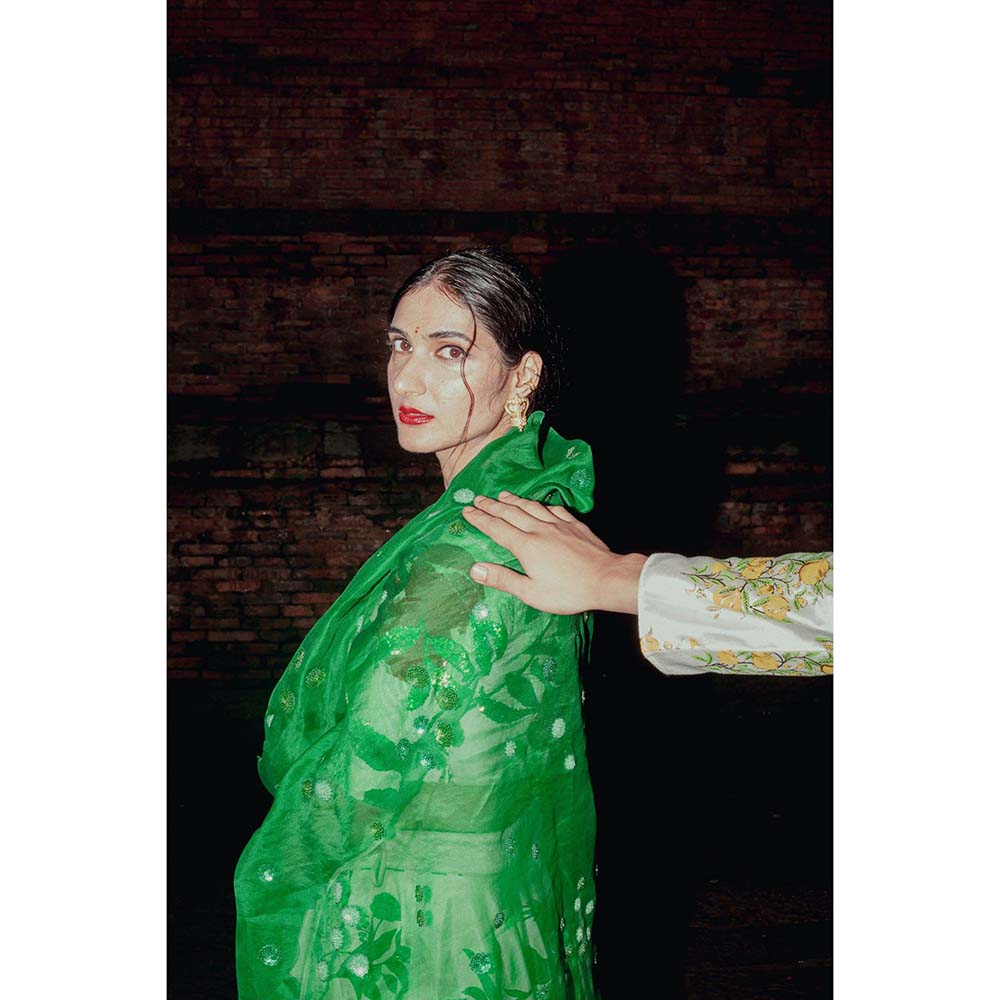 Label Earthen Ramri Printed Lehenga Embellished Blouse with Dupatta (Set of 3)