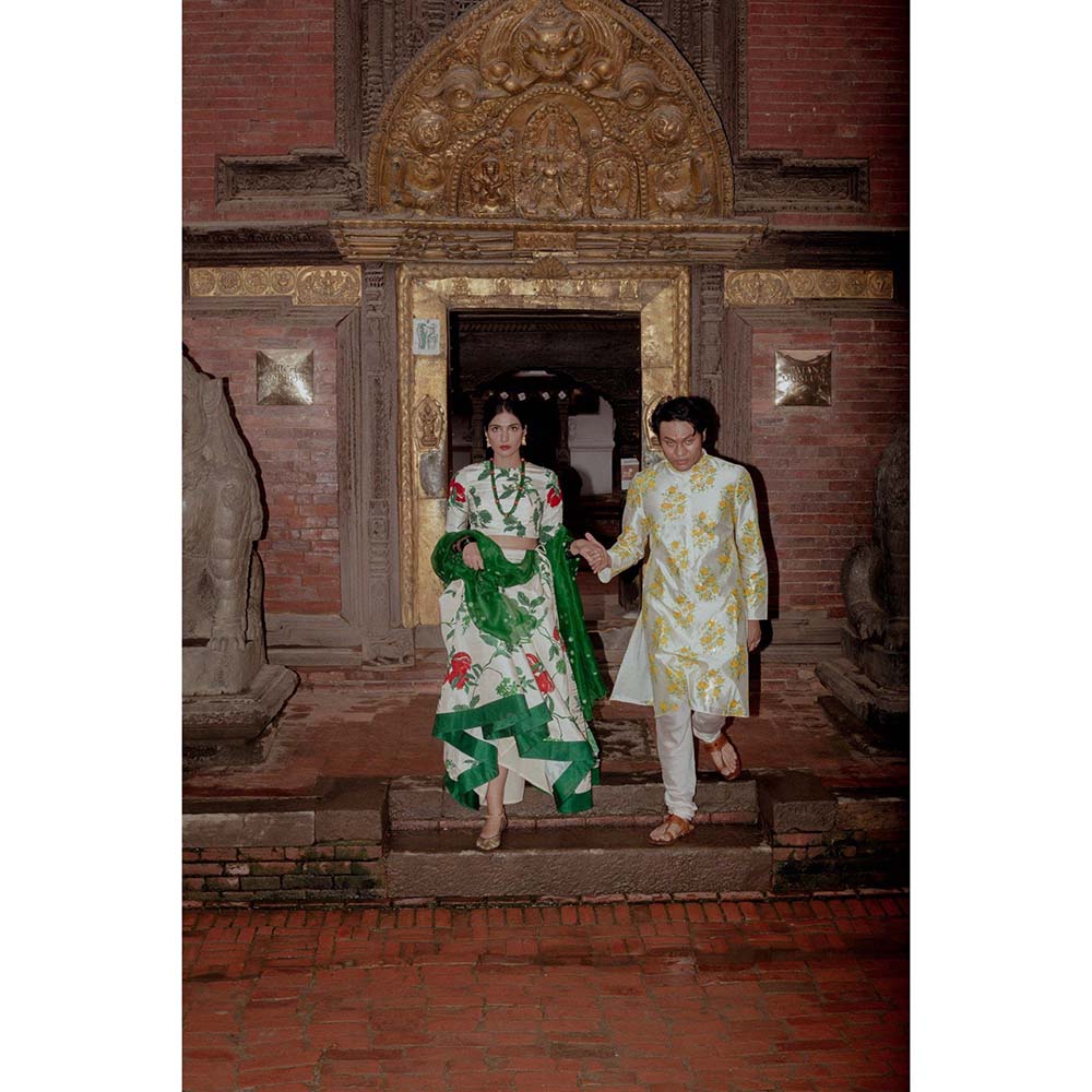 Label Earthen Ramri Printed Lehenga Embellished Blouse with Dupatta (Set of 3)