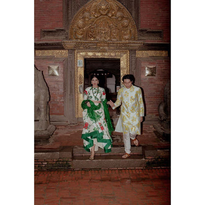 Label Earthen Ramri Printed Lehenga Embellished Blouse with Dupatta (Set of 3)