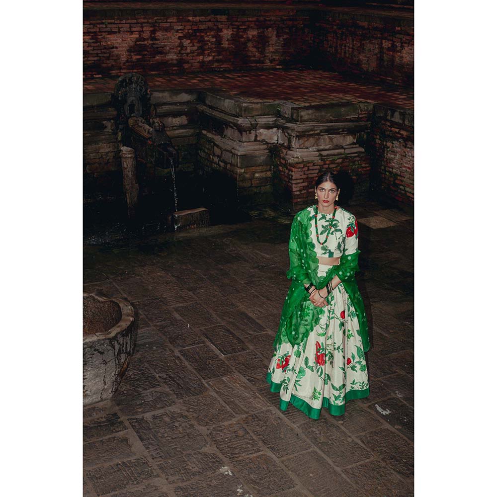 Label Earthen Ramri Printed Lehenga Embellished Blouse with Dupatta (Set of 3)