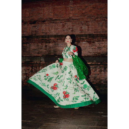 Label Earthen Ramri Printed Lehenga Embellished Blouse with Dupatta (Set of 3)