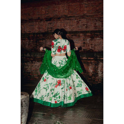 Label Earthen Ramri Printed Lehenga Embellished Blouse with Dupatta (Set of 3)