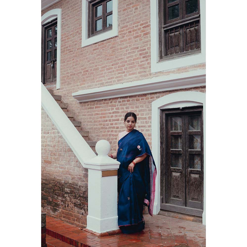 Label Earthen Neel Gulab Woven Saree with Embroidered with Stitched Blouse