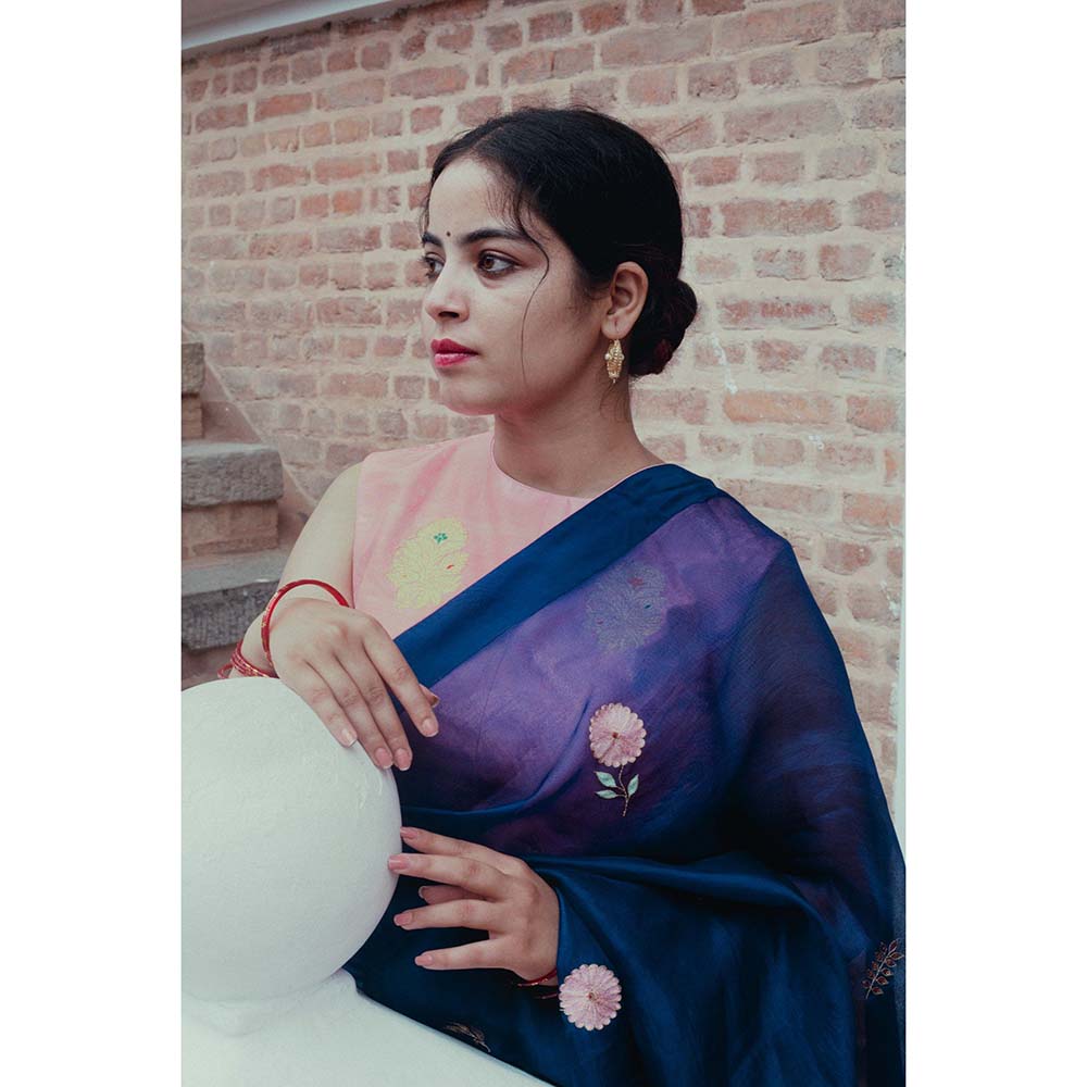 Label Earthen Neel Gulab Woven Saree with Embroidered with Stitched Blouse