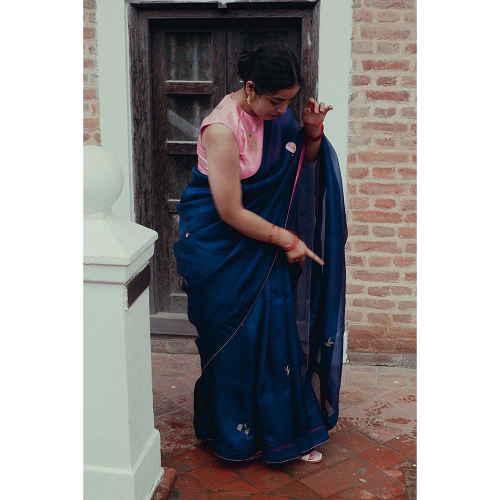 Label Earthen Neel Gulab Woven Saree with Embroidered with Stitched Blouse