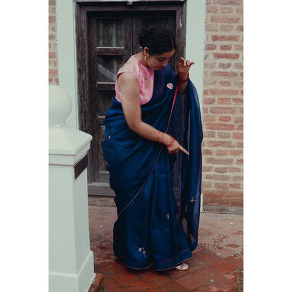 Label Earthen Neel Gulab Woven Saree with Embroidered with Stitched Blouse