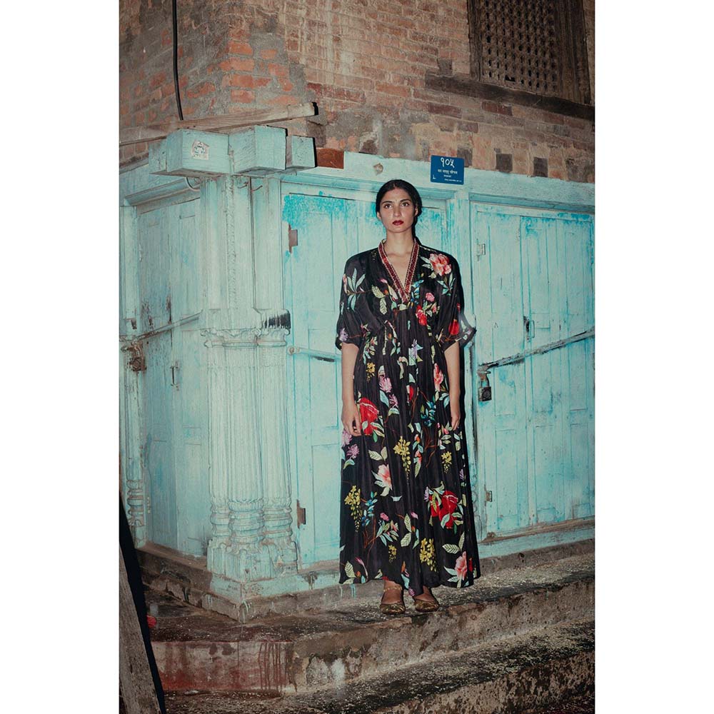 Label Earthen Surmai Black Habutai Silk Floral Kaftan with Hand Embroidery