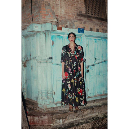 Label Earthen Surmai Black Habutai Silk Floral Kaftan with Hand Embroidery