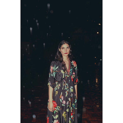 Label Earthen Surmai Black Habutai Silk Floral Kaftan with Hand Embroidery