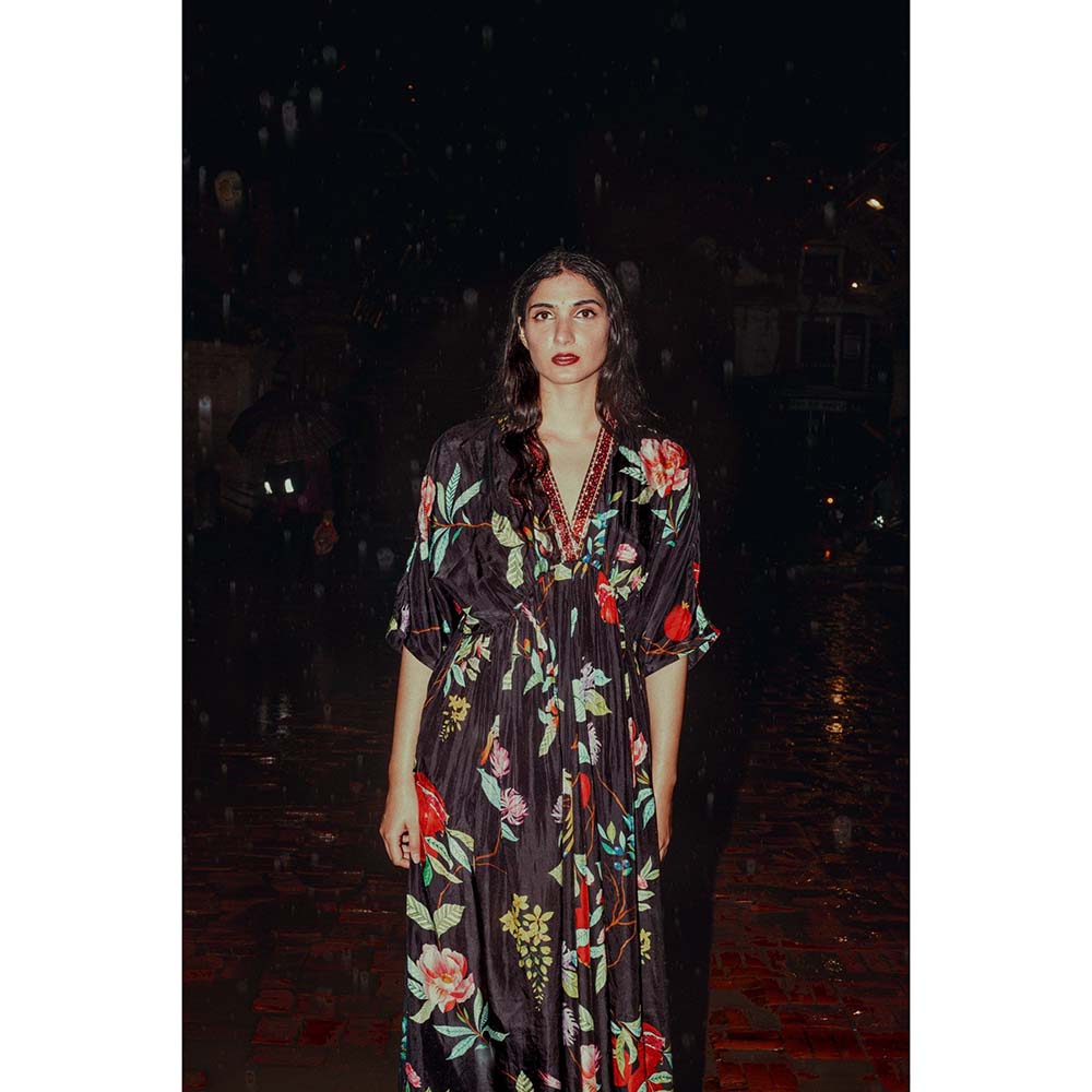 Label Earthen Surmai Black Habutai Silk Floral Kaftan with Hand Embroidery