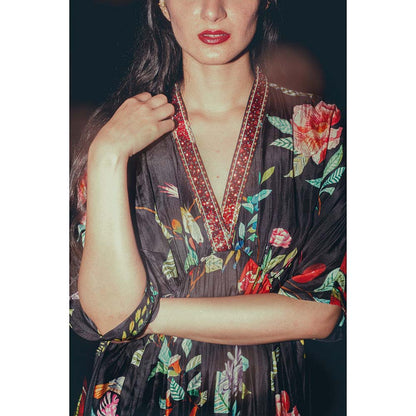 Label Earthen Surmai Black Habutai Silk Floral Kaftan with Hand Embroidery
