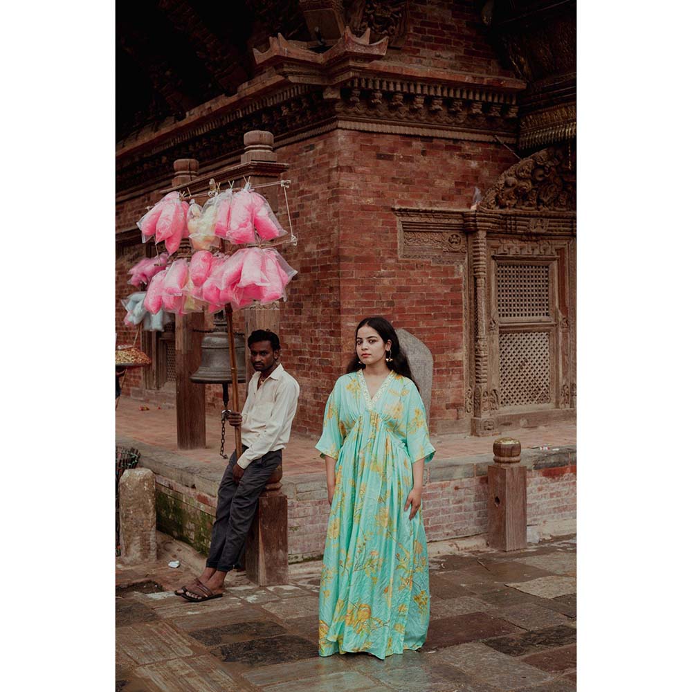 Label Earthen Asmaani Jaal Printed Kaftan with Hand Embroidery