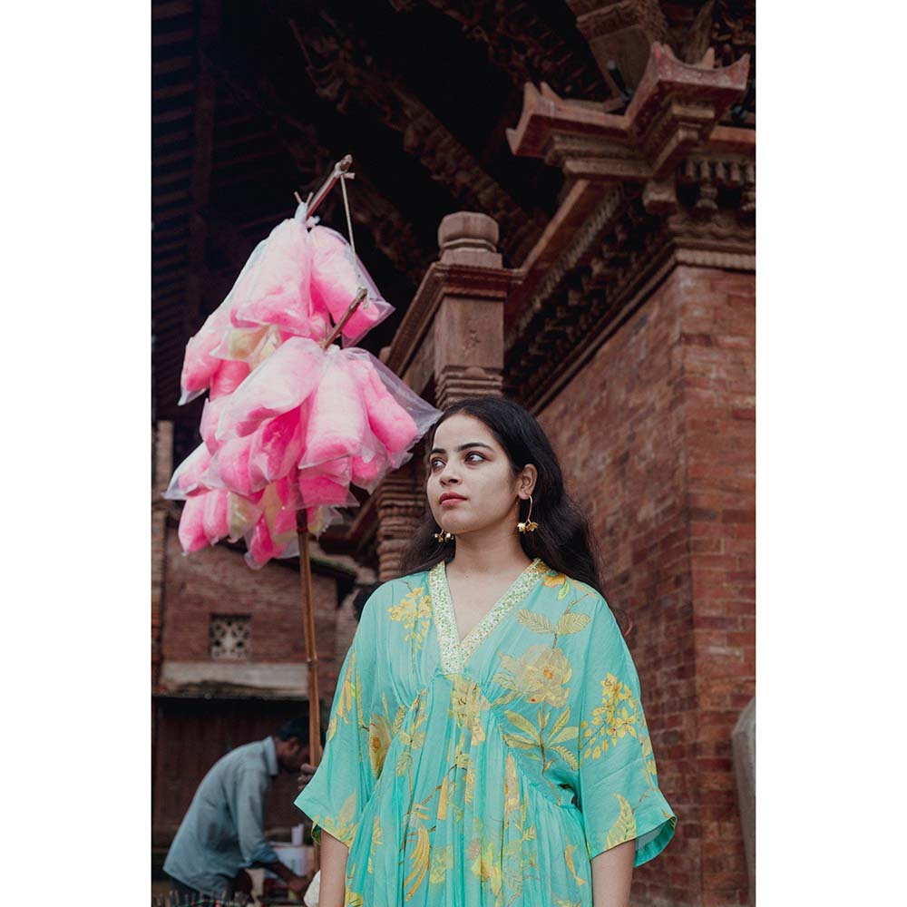 Label Earthen Asmaani Jaal Printed Kaftan with Hand Embroidery