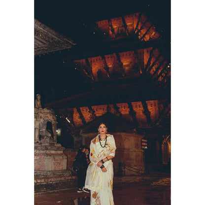 Label Earthen Chandni Ivory Embellished Saree with Foil Printed with Stitched Blouse