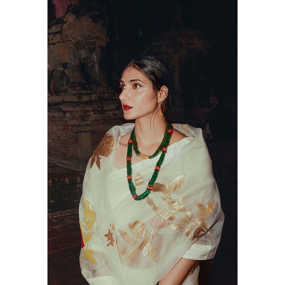 Label Earthen Chandni Ivory Embellished Saree with Foil Printed with Stitched Blouse