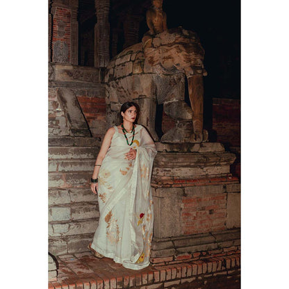 Label Earthen Chandni Ivory Embellished Saree with Foil Printed with Stitched Blouse