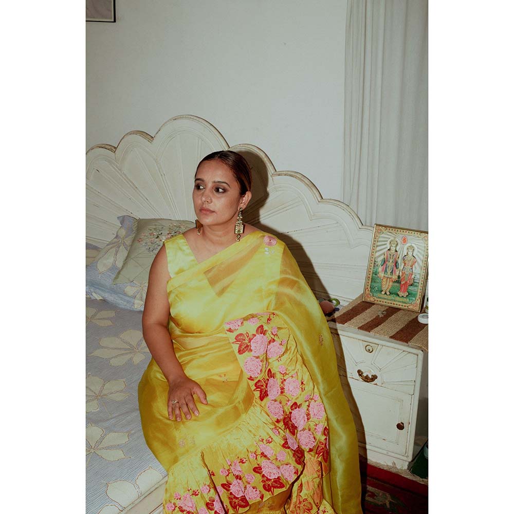 Label Earthen Champai Gulab Yellow Floral Printed Woven Saree with Stitched Blouse