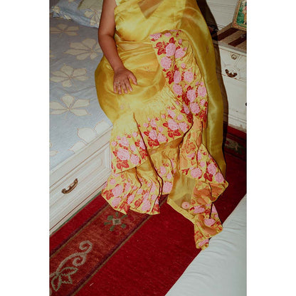 Label Earthen Champai Gulab Yellow Floral Printed Woven Saree with Stitched Blouse